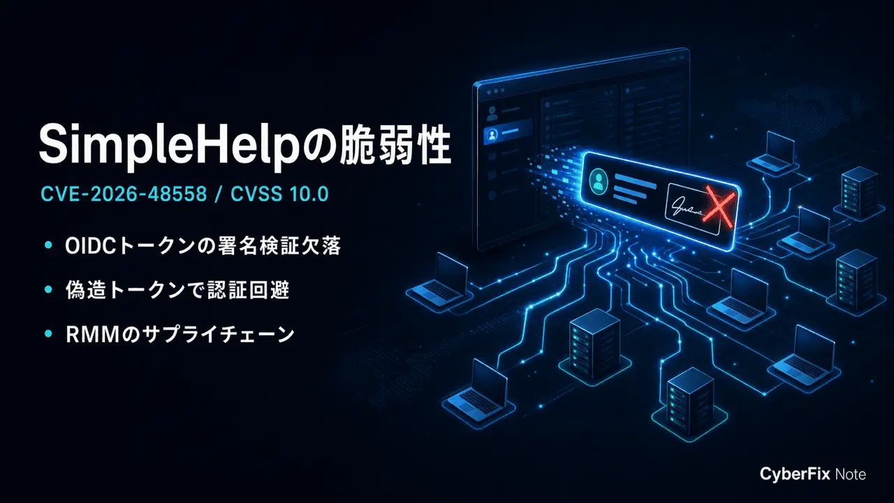 SimpleHelpのCVE-2026-48558。OIDCトークンの署名検証欠落による認証回避とRMMのサプライチェーンリスク
