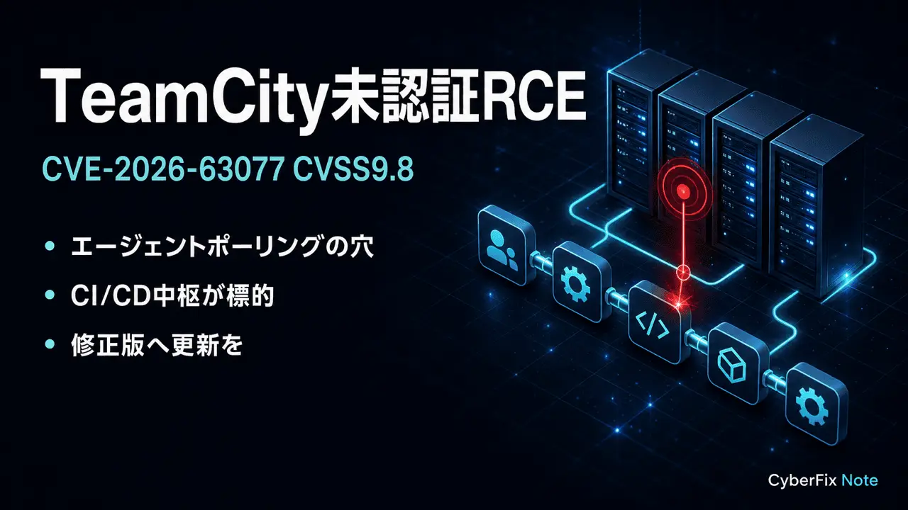 CVE-2026-63077 TeamCityエージェントポーリングプロトコルの認証不備。未認証でCI/CDの中枢を奪われる経路を読む