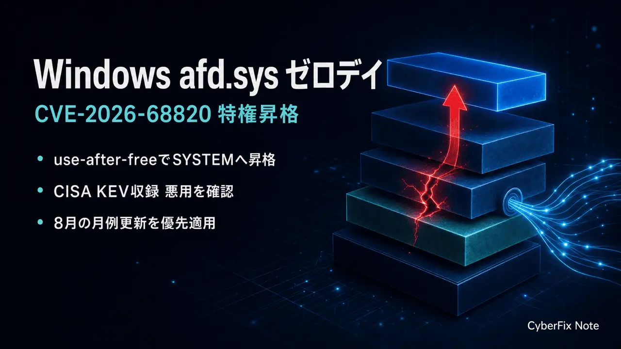 Windows afd.sysの特権昇格ゼロデイCVE-2026-68820。侵入後にSYSTEM権限へ昇格する機構と8月更新の優先度